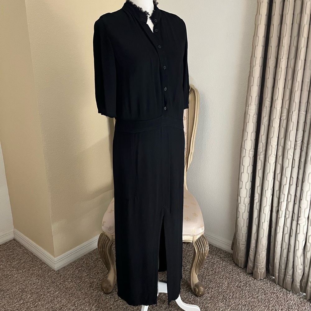 Raquel Allegra LA Designer Black Button Up, Frayed Edges Maxi Dress Sz 1/Med/US6